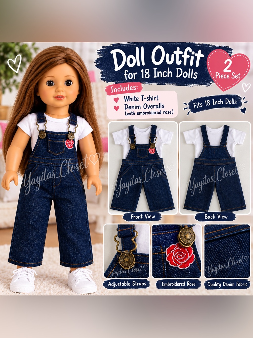 18” Doll 2-Piece Outfit White T-Shirt & Denim Overalls